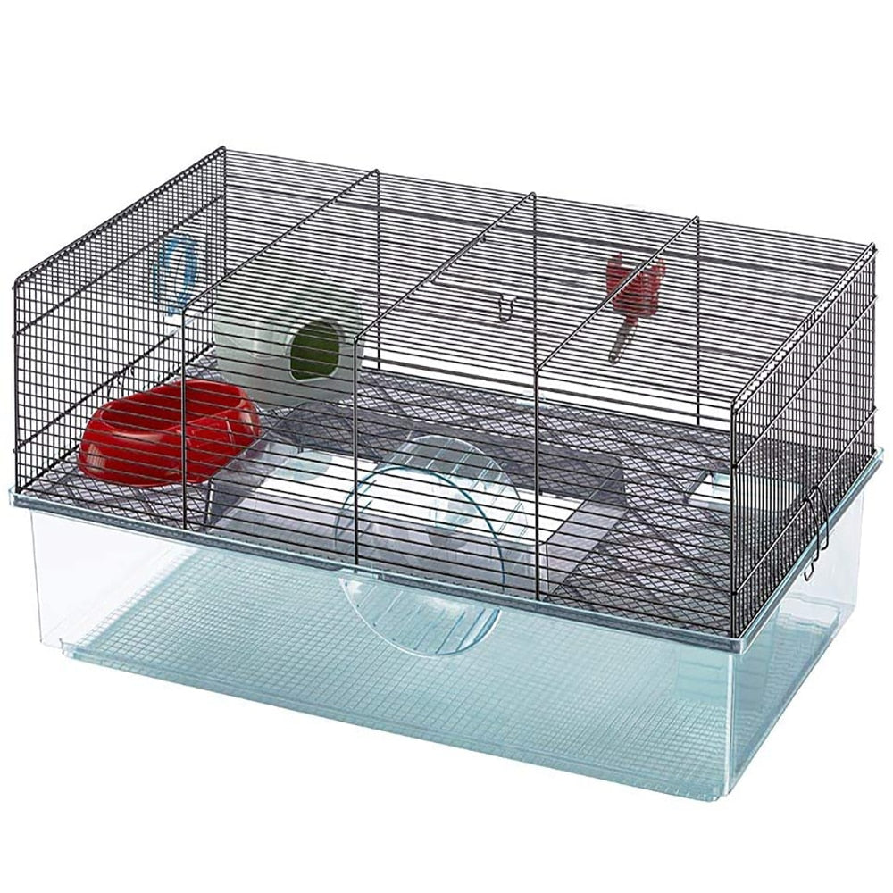 Hamster cage includes water bottle, wheel, tray