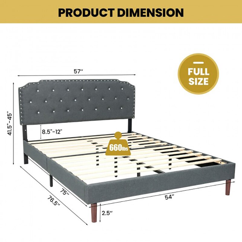 Upholstered Bed Frame w/Adjustable Diamond Button Headboard