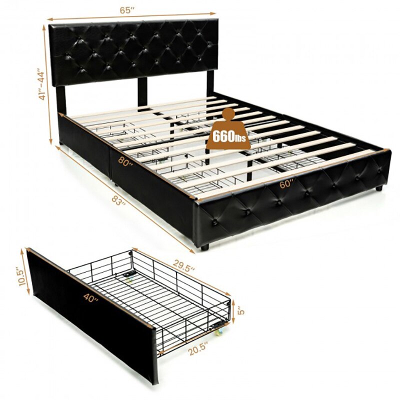 PU Leather Platform Bed with 4 Drawers