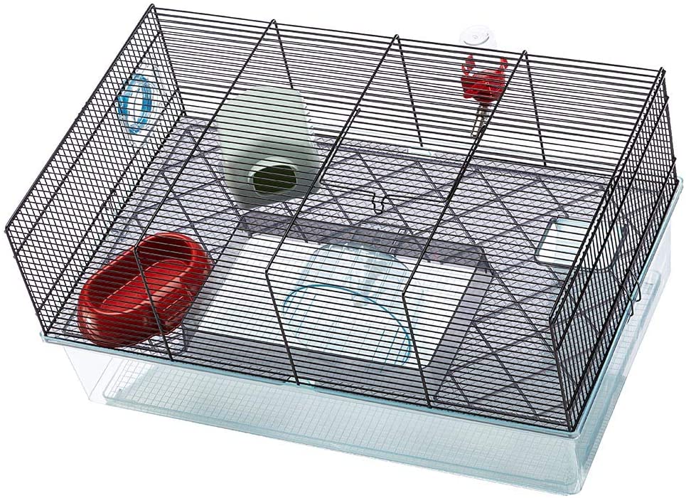 Hamster cage includes water bottle, wheel, tray