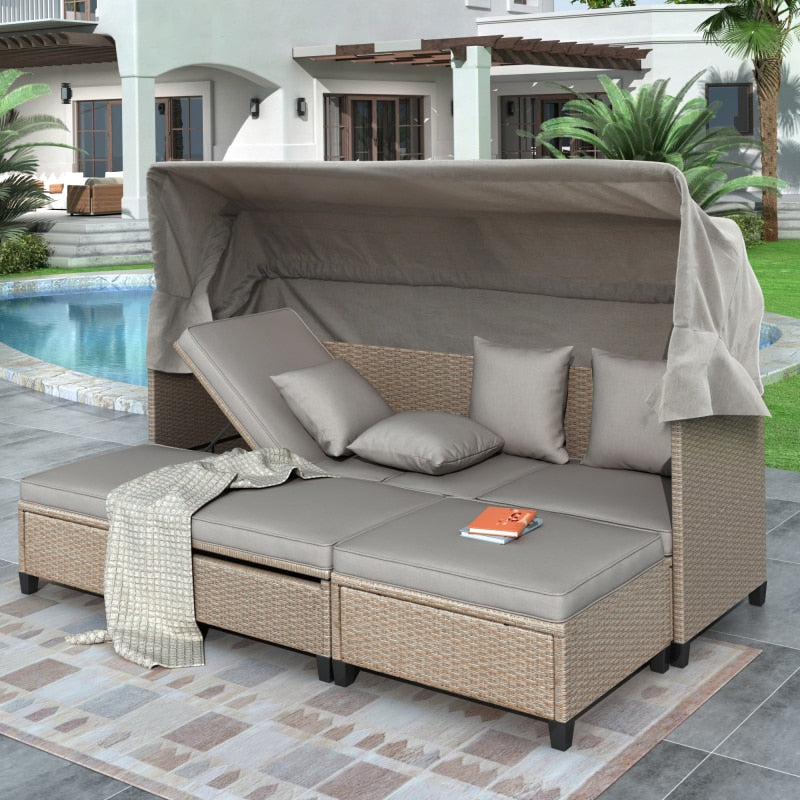 4PC Wicker Patio Sofa Set w/Retractable Canopy