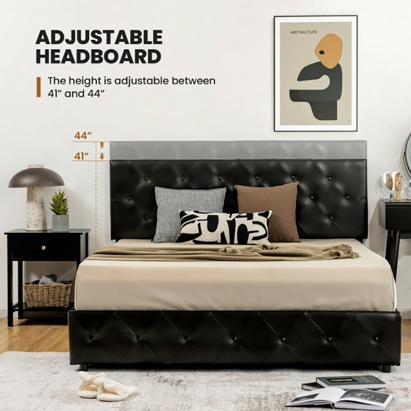 PU Leather Platform Bed with 4 Drawers