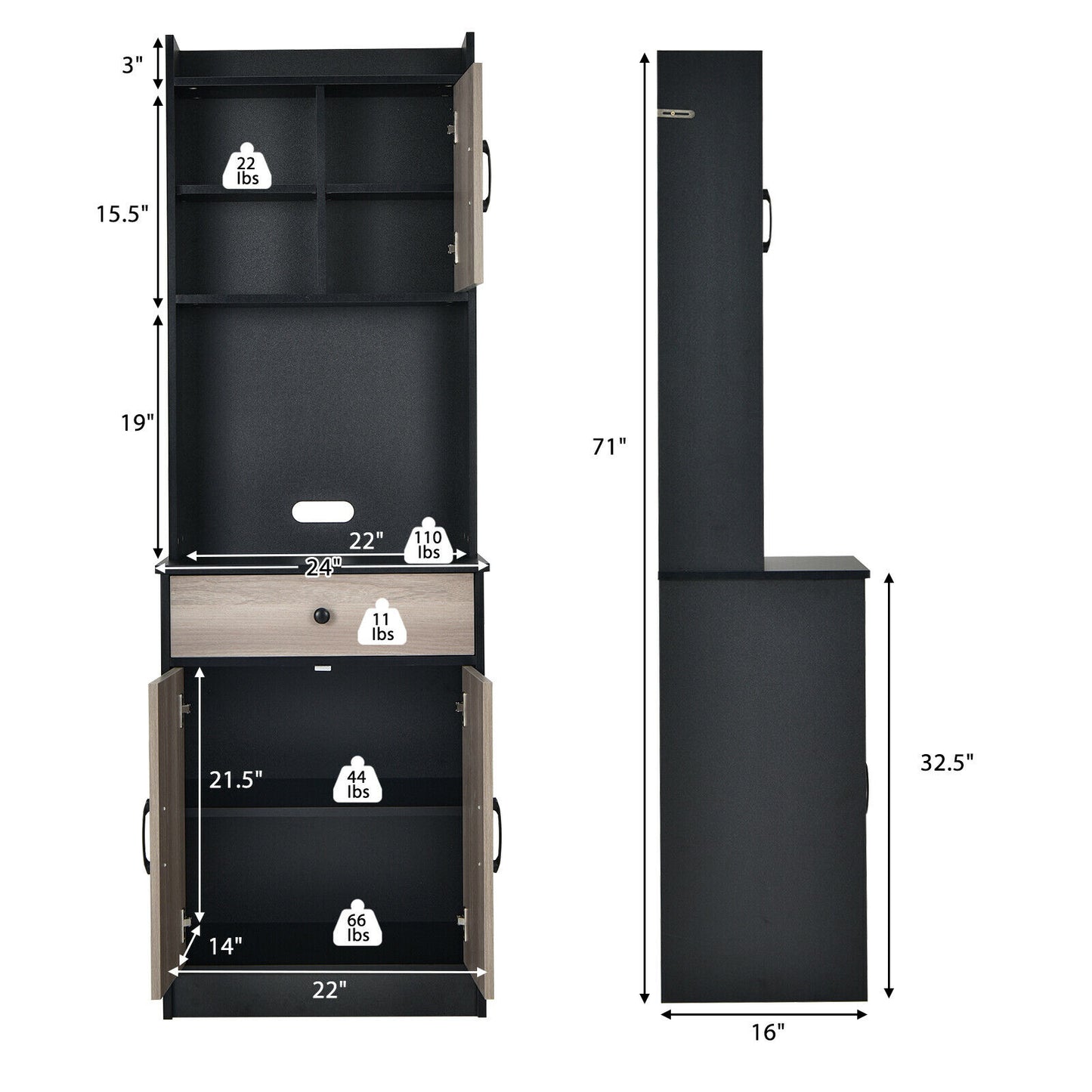 3-Door Kitchen Buffet Pantry Cabinet w/Hutch