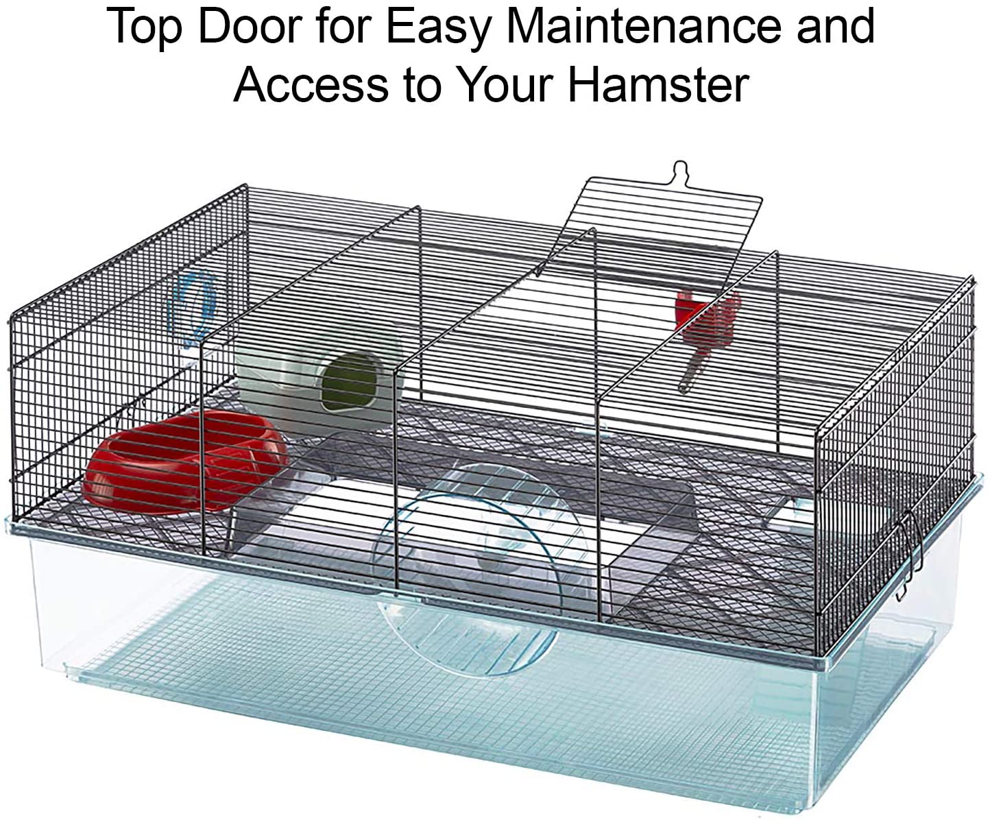 Hamster cage includes water bottle, wheel, tray