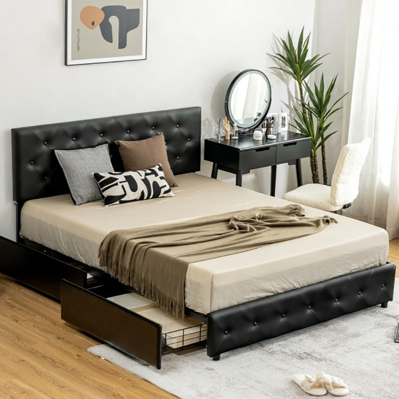 PU Leather Platform Bed with 4 Drawers