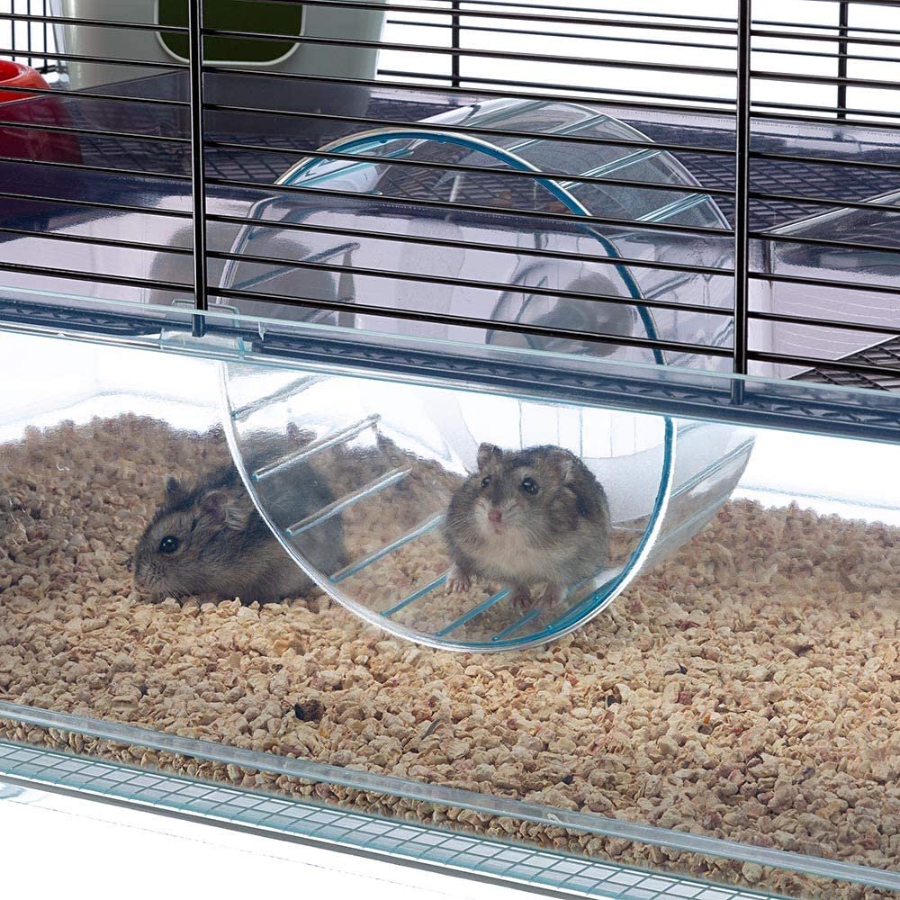 Hamster cage includes water bottle, wheel, tray