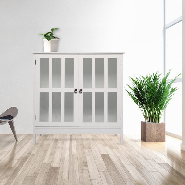 White Double Door Cabinet Storage w/Decorated Doors