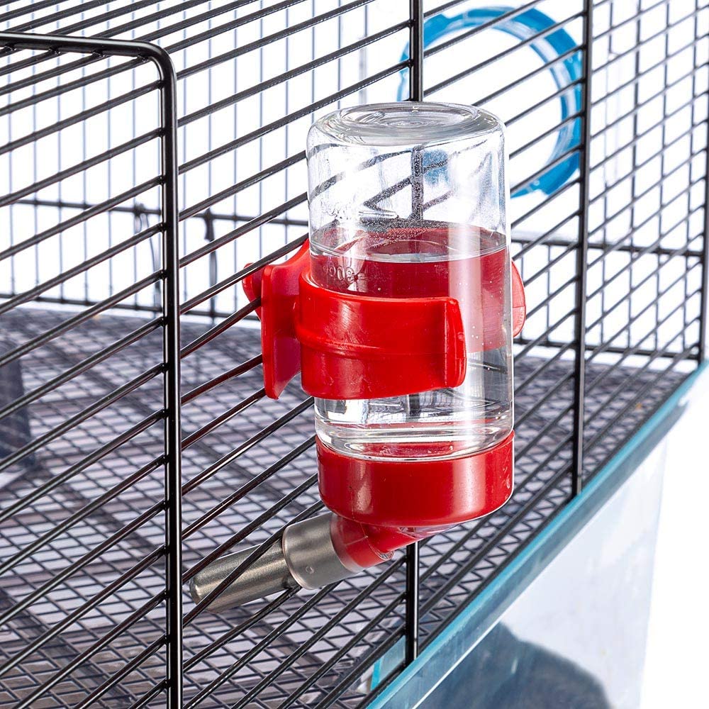 Hamster cage includes water bottle, wheel, tray