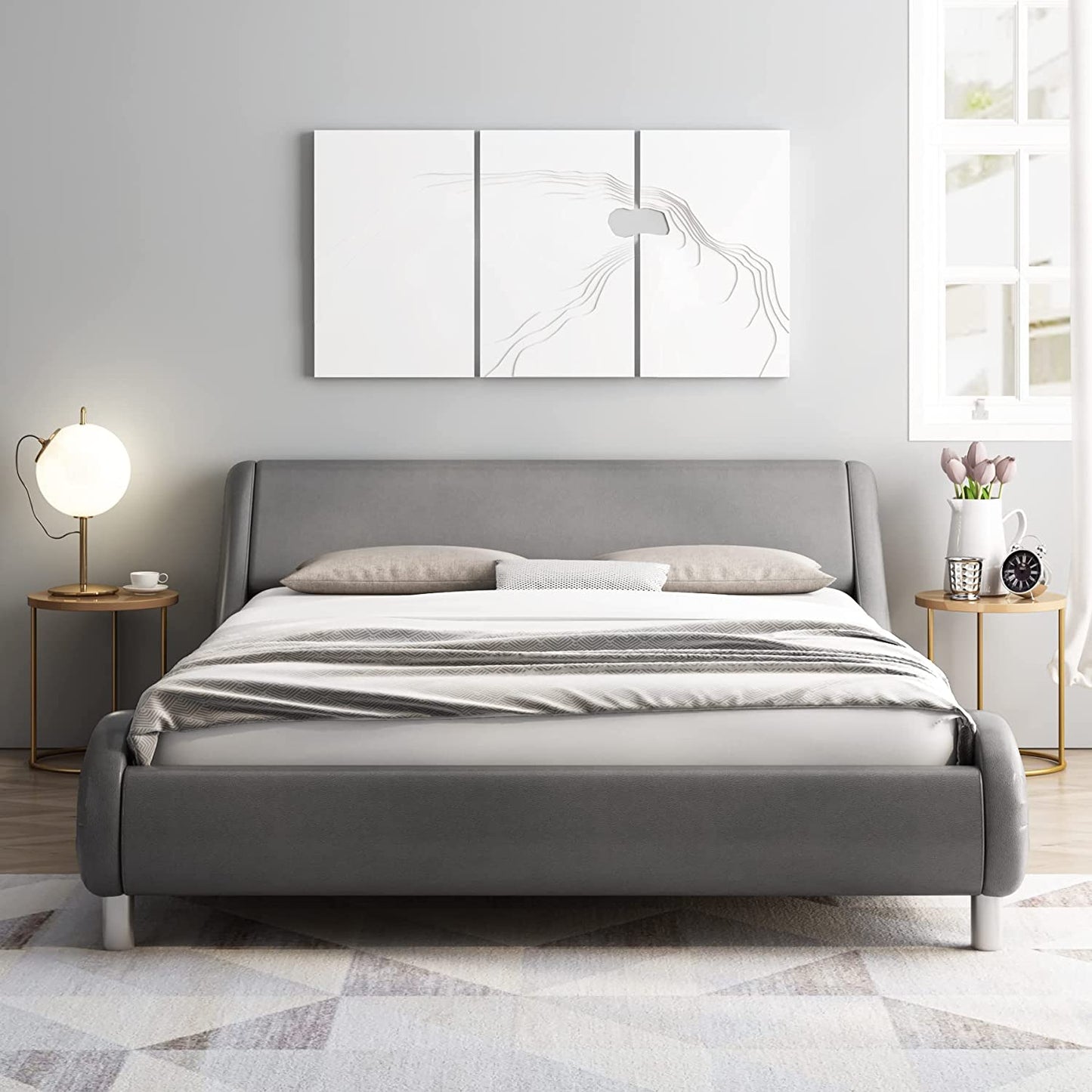 Luxury Faux Leather Platform Bed Frame w/Headboard