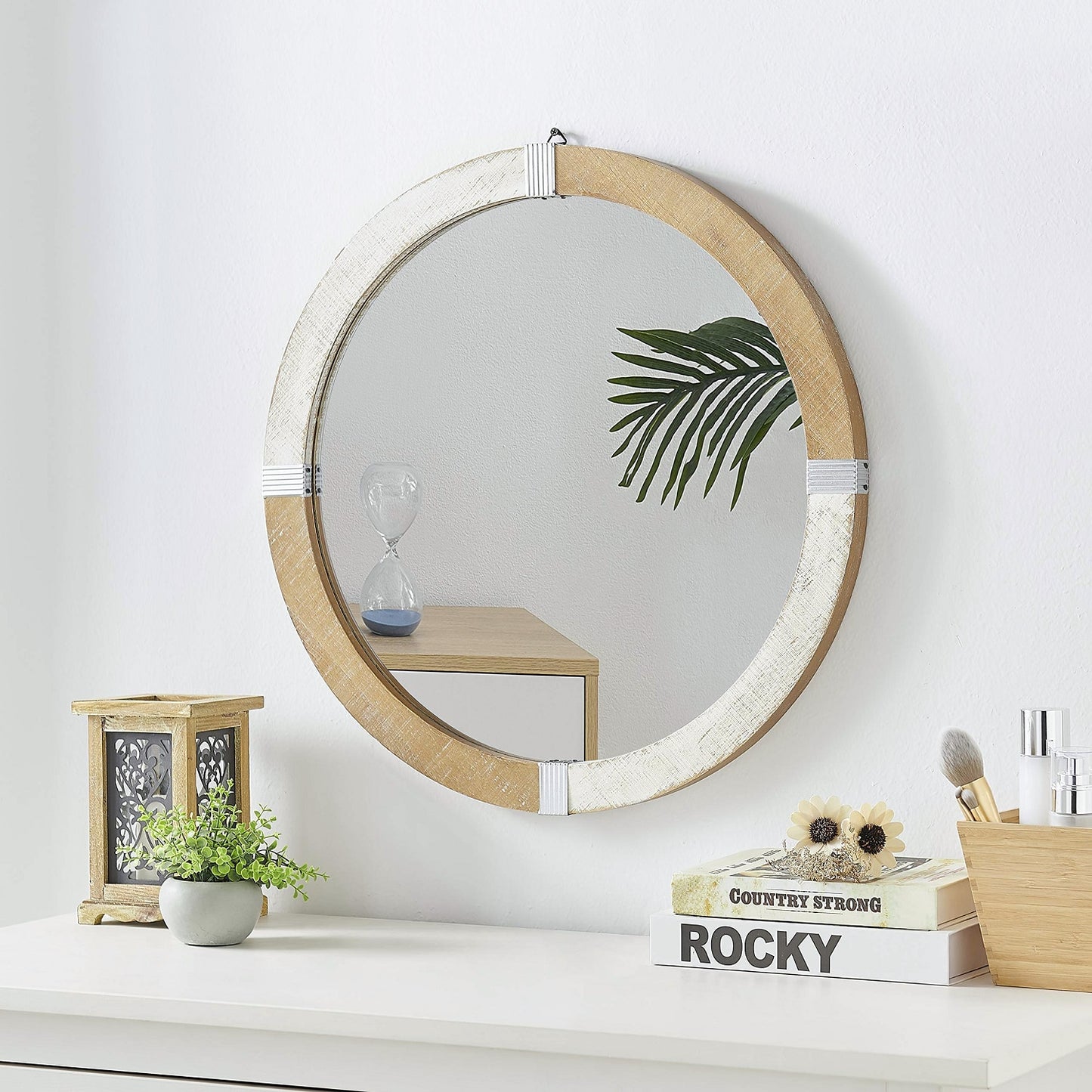 Rustic Wooden Framed Round Wall Mirror