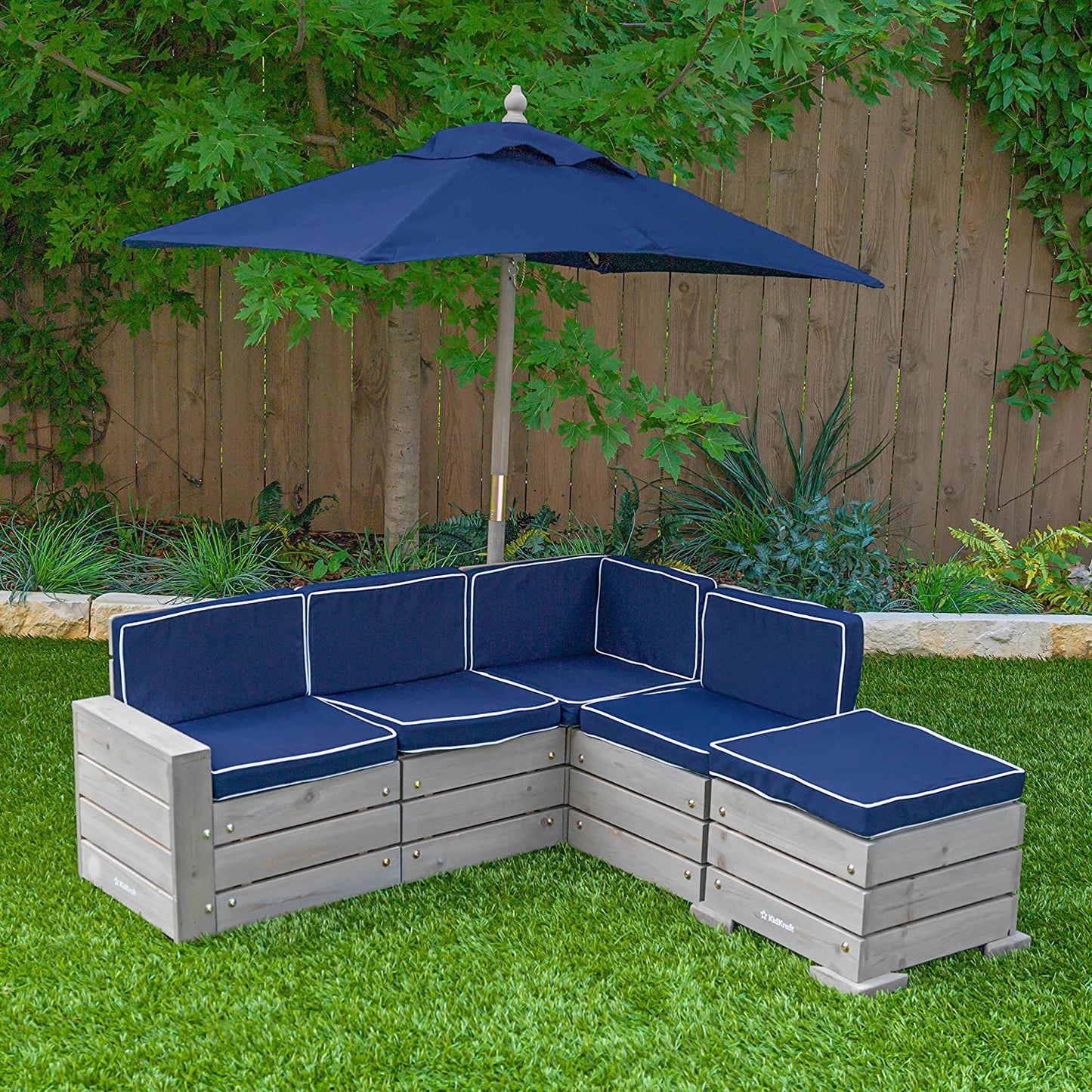 Wooden Outdoor Sectional and Umbrella Set