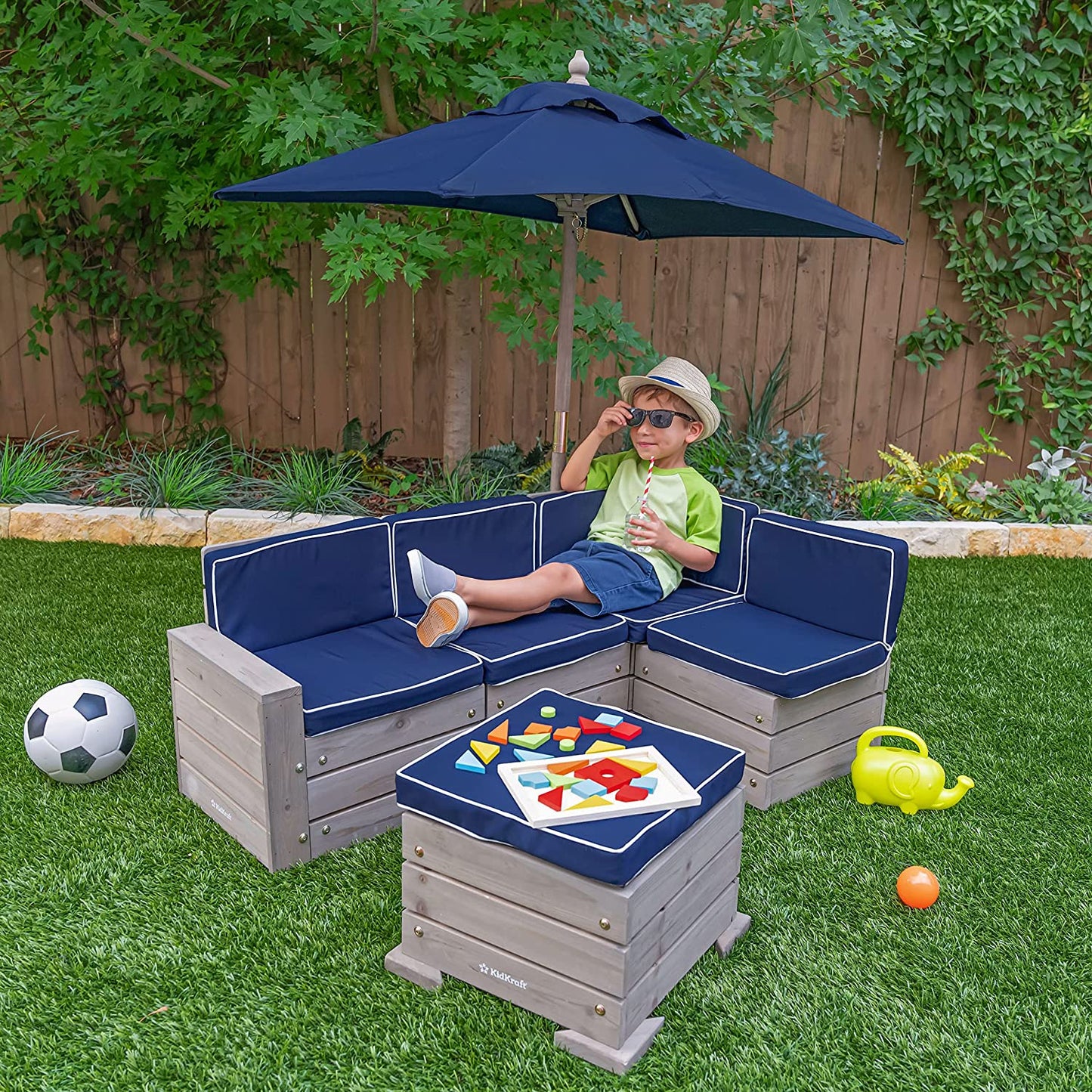 Wooden Outdoor Sectional and Umbrella Set