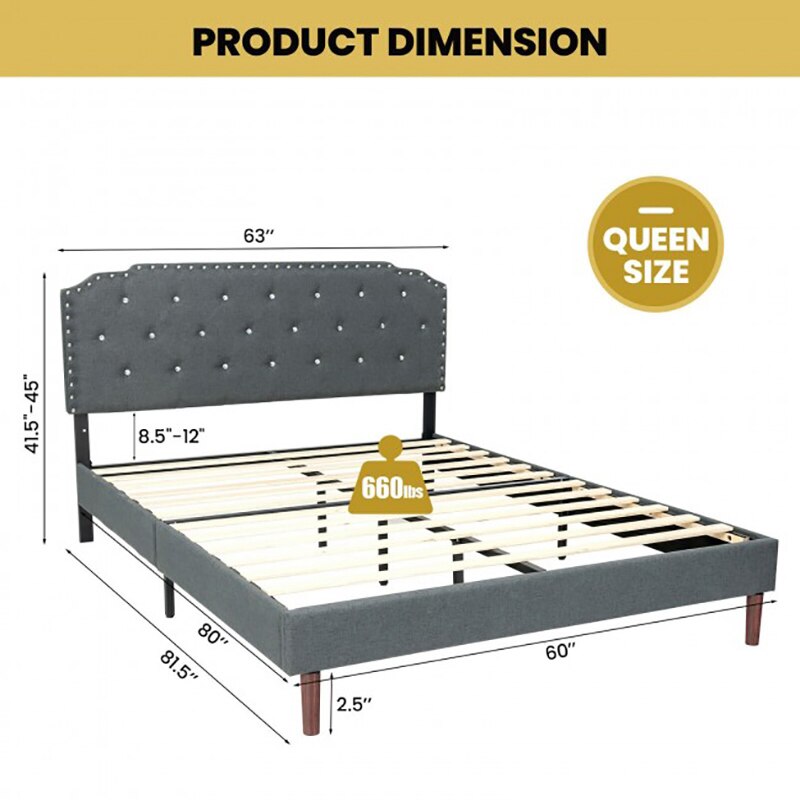 Upholstered Bed Frame w/Adjustable Diamond Button Headboard