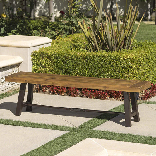 Outdoor Acacia Wood Bench with Metal Accents