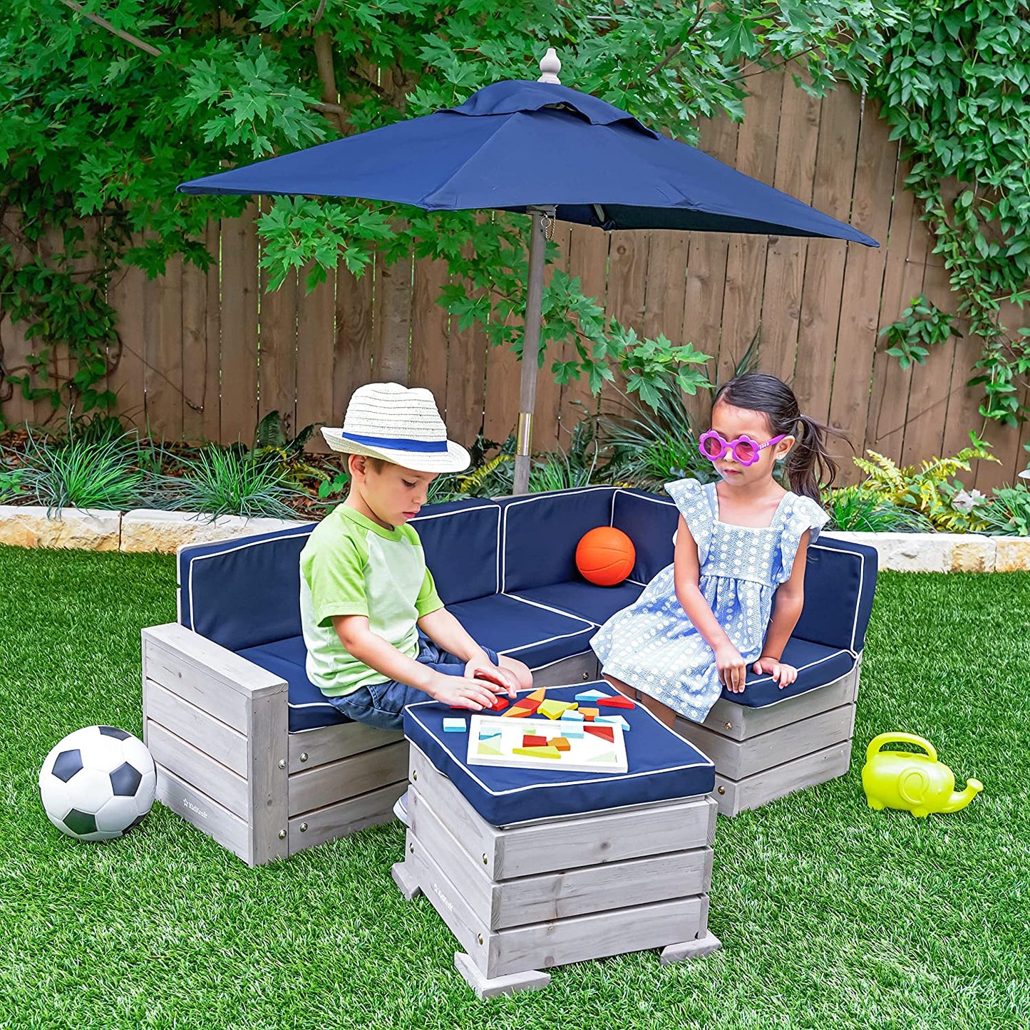 Wooden Outdoor Sectional and Umbrella Set