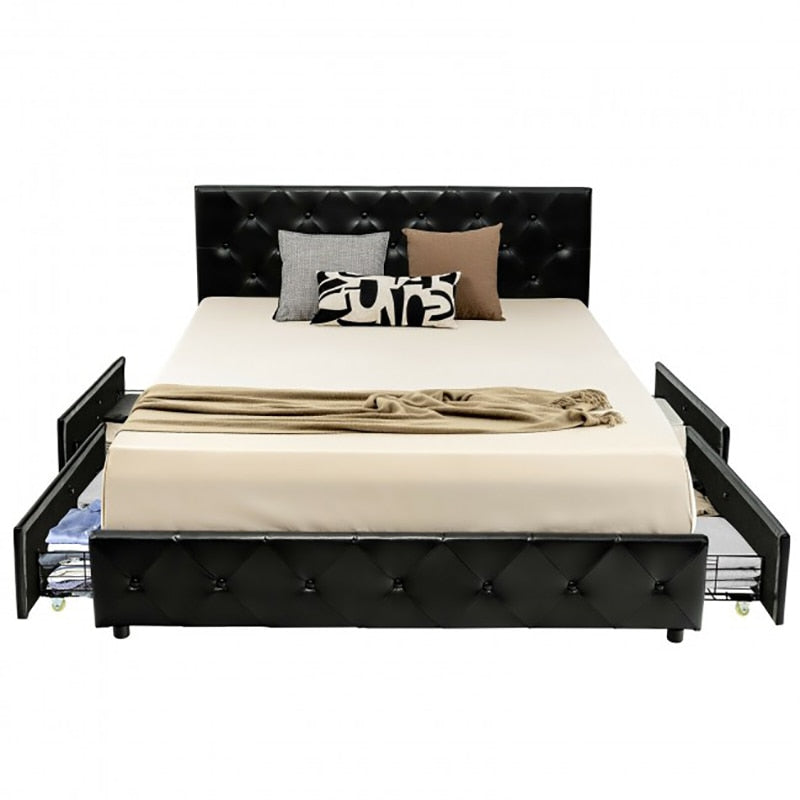 PU Leather Platform Bed with 4 Drawers