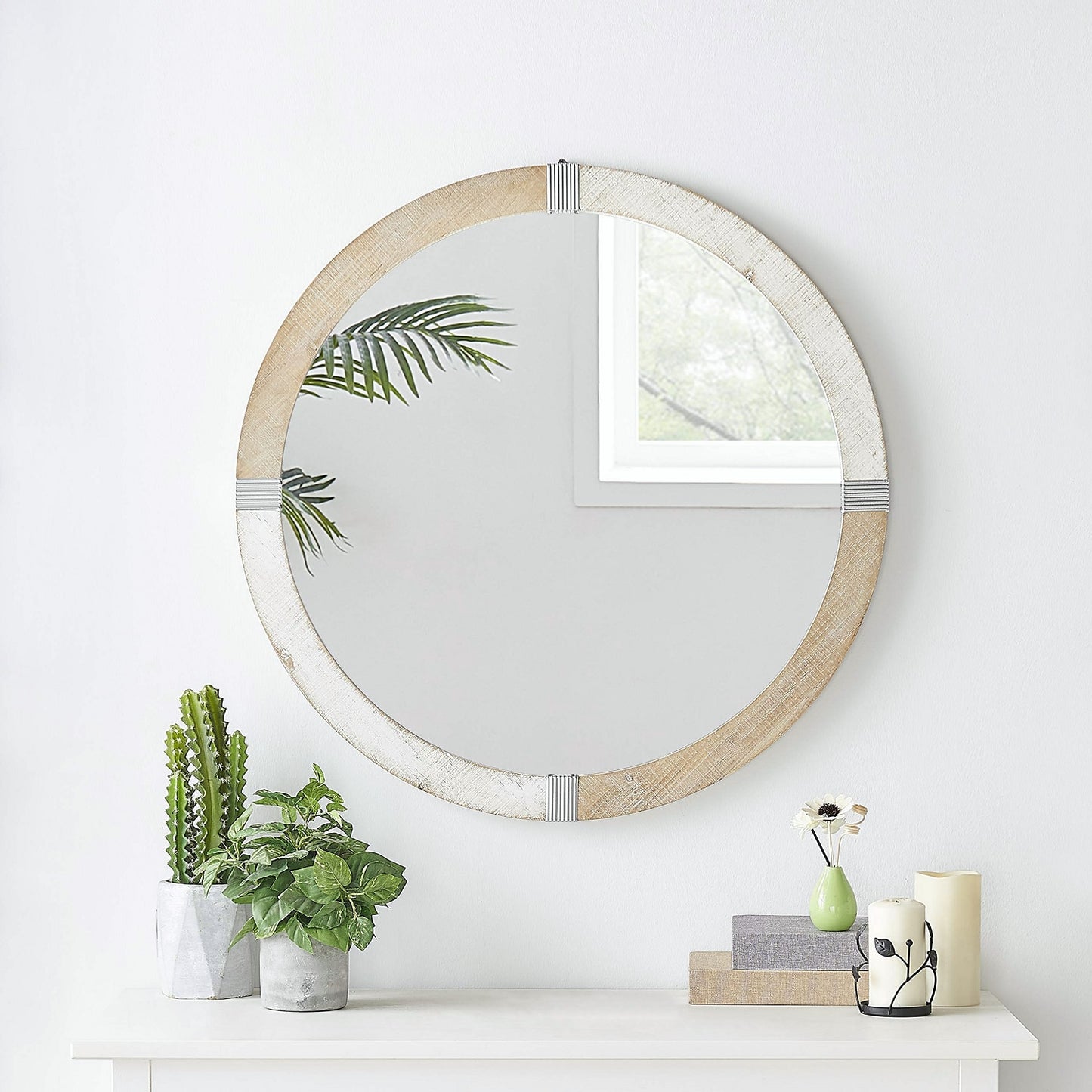 Rustic Wooden Framed Round Wall Mirror