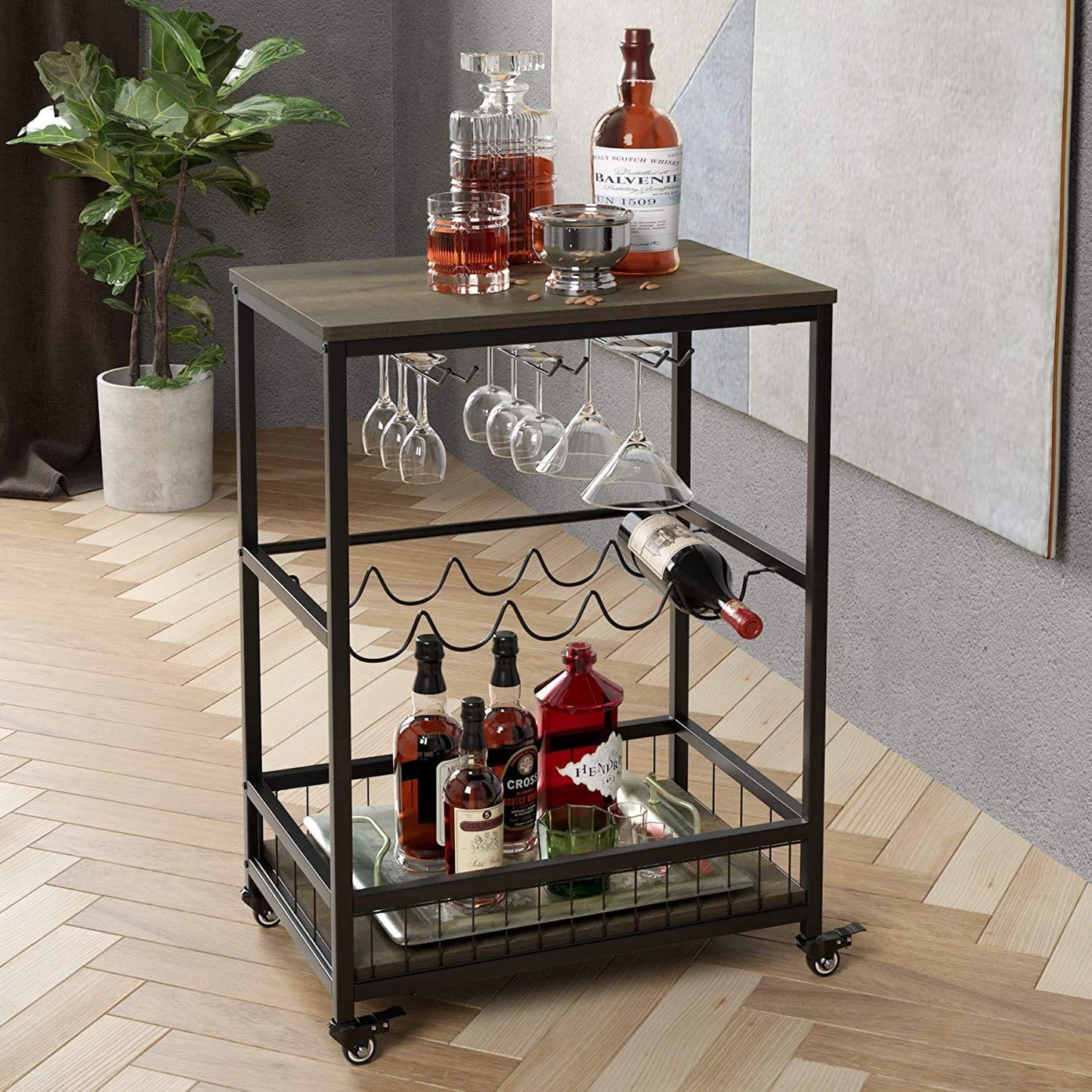 Kitchen Serving Trolley Cart with  Wine Rack