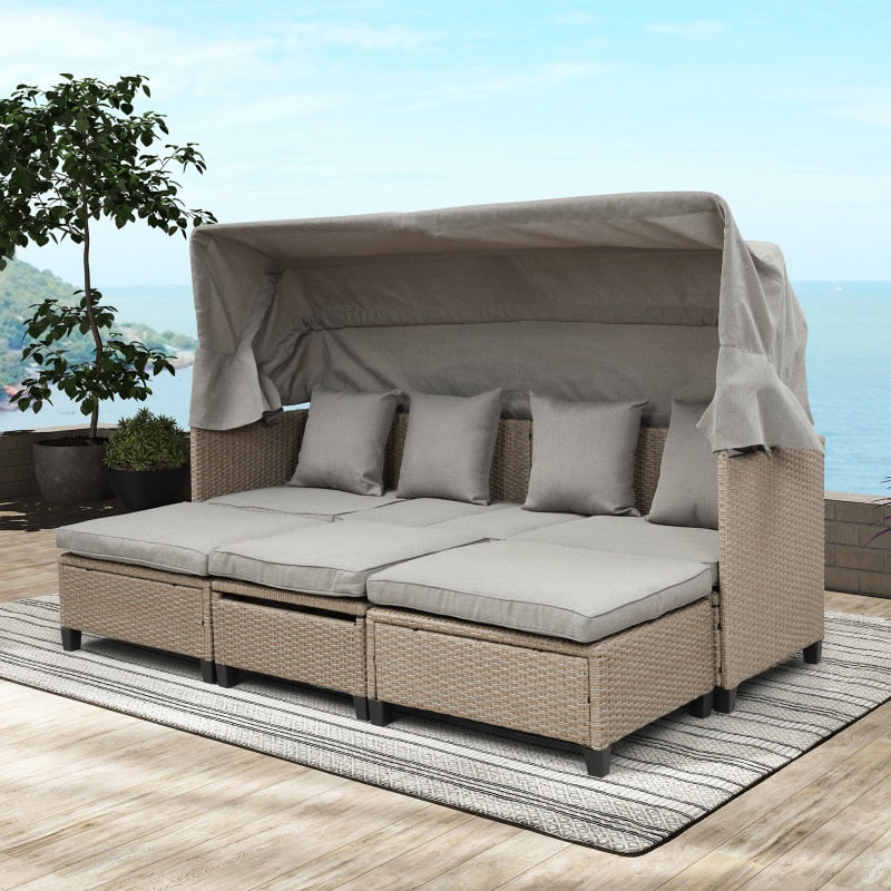 4PC Wicker Patio Sofa Set w/Retractable Canopy