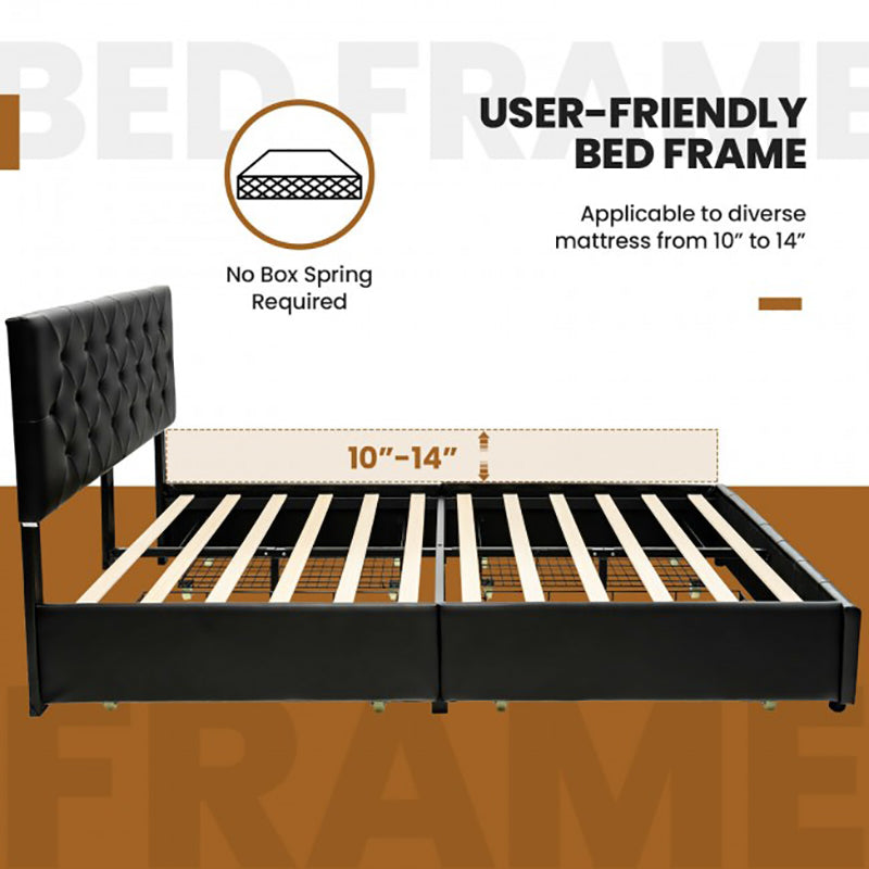 PU Leather Platform Bed with 4 Drawers