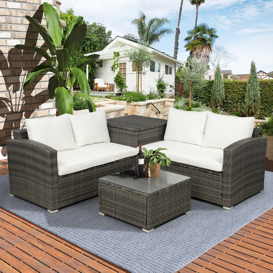 4PCS Outdoor Cushioned Rattan Wicker Set