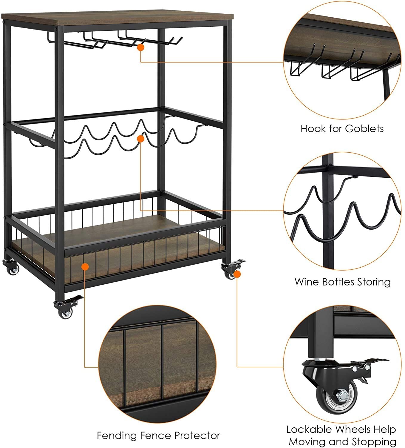 Kitchen Serving Trolley Cart with  Wine Rack