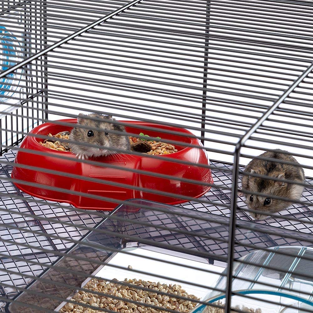 Hamster cage includes water bottle, wheel, tray