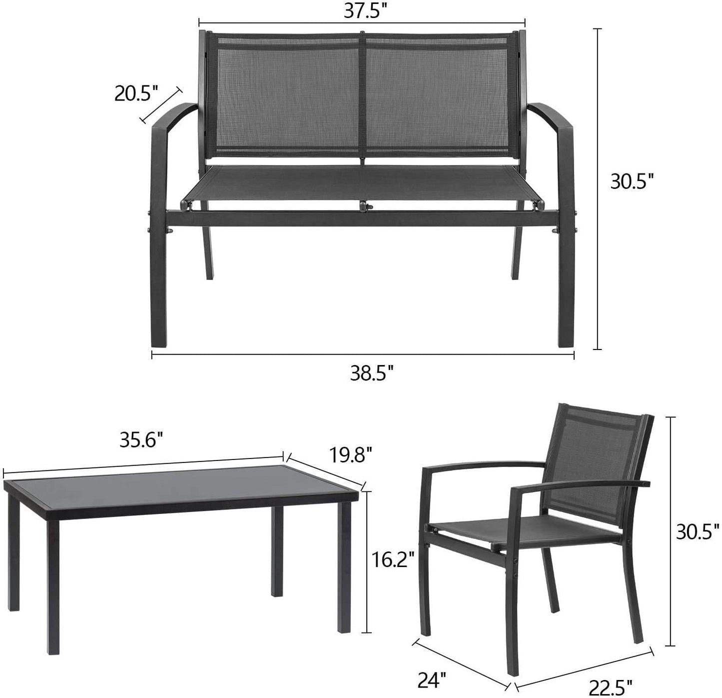 4 Pieces Patio Furniture Set, w/Glass Table