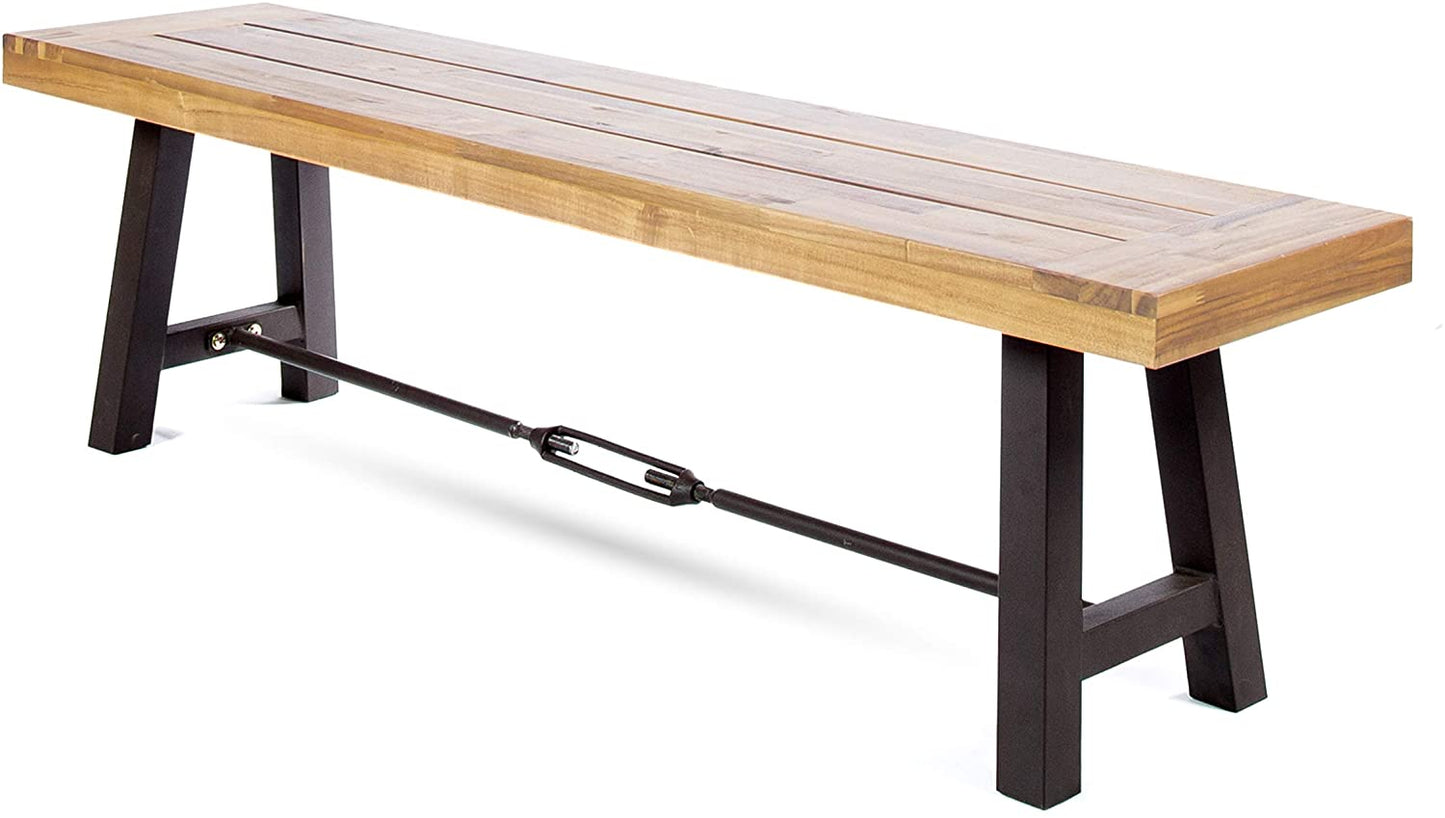 Outdoor Acacia Wood Bench with Metal Accents