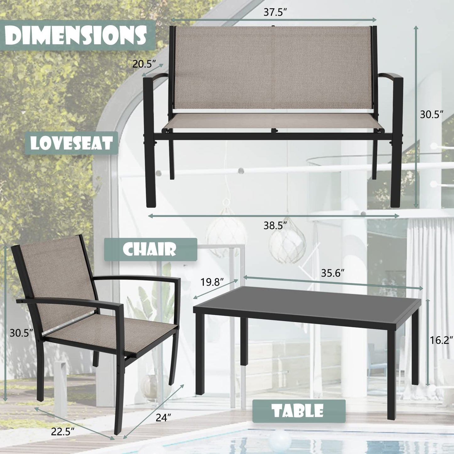 4 Pieces Patio Furniture Set, w/Glass Table