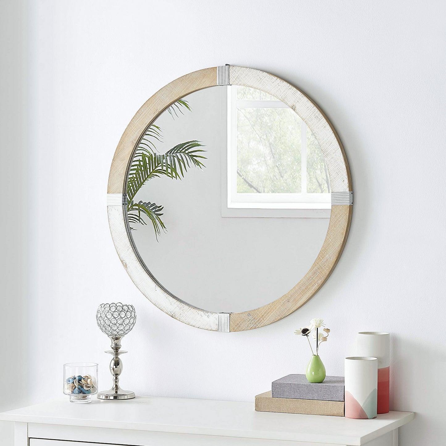 Rustic Wooden Framed Round Wall Mirror