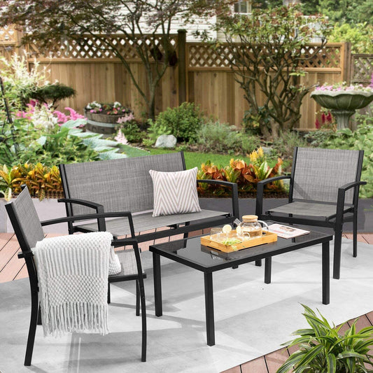 4 Pieces Patio Furniture Set, w/Glass Table