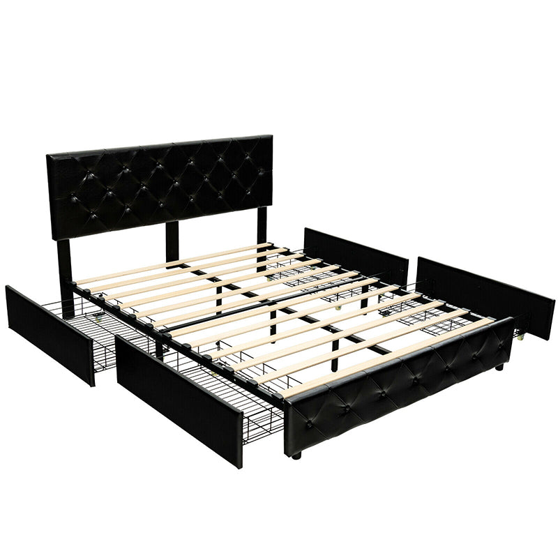 PU Leather Platform Bed with 4 Drawers