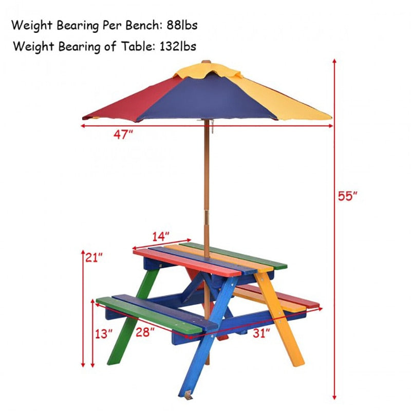 Kids Colorful Picnic Table with Umbrella