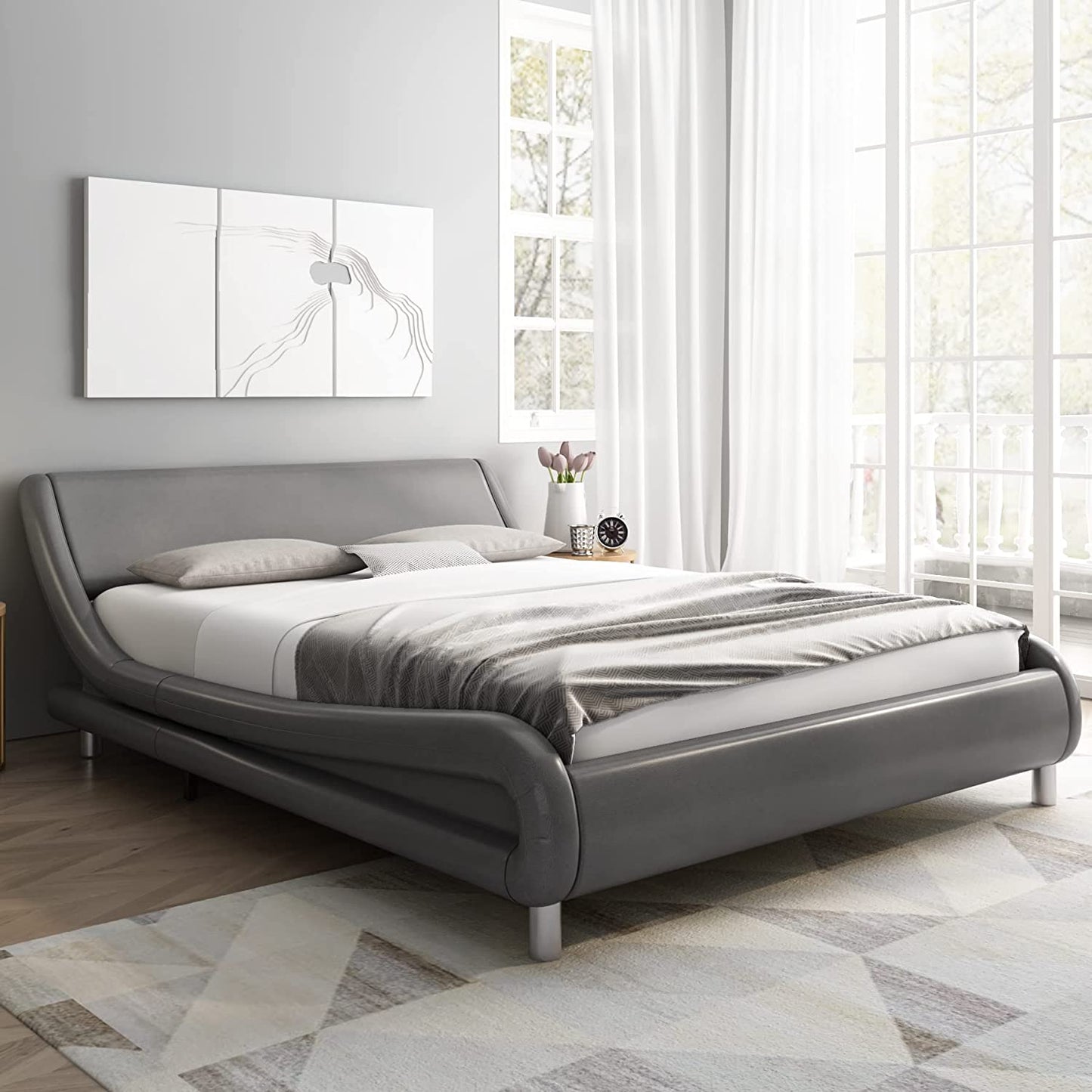 Luxury Faux Leather Platform Bed Frame w/Headboard