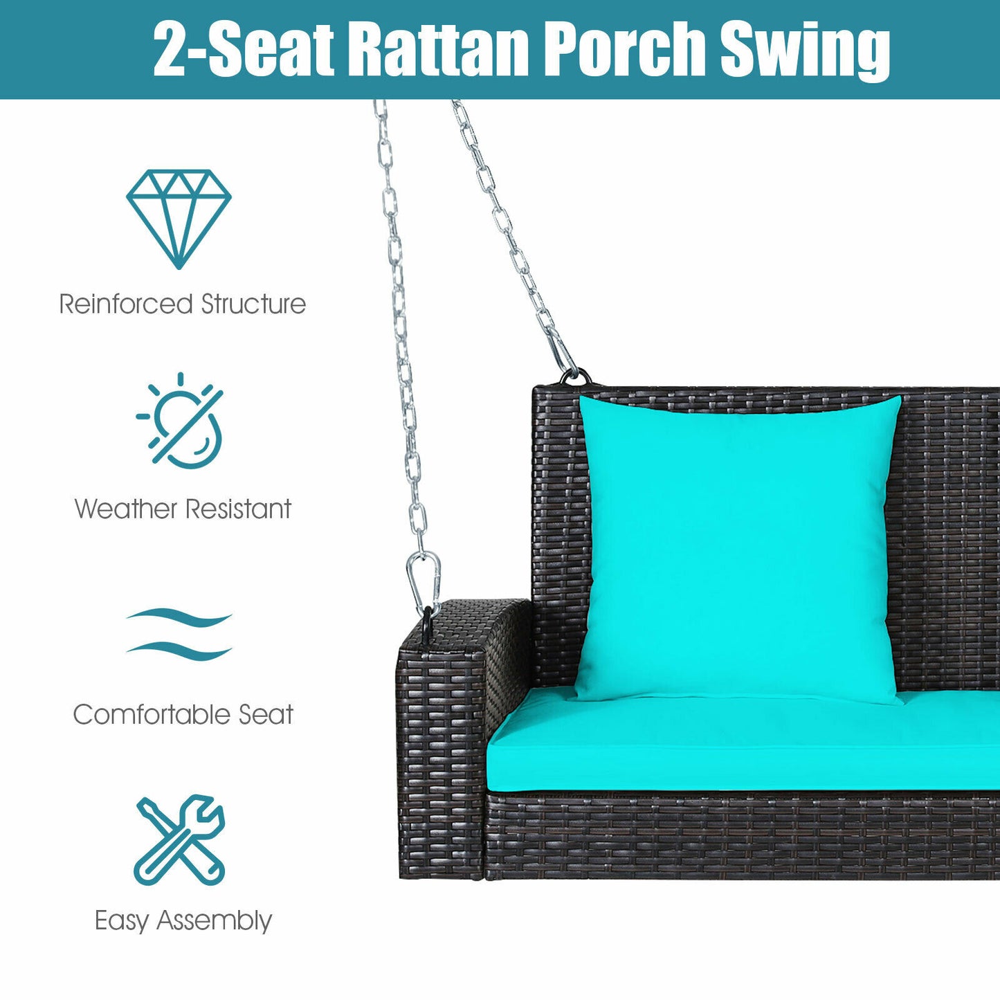 2-Person Patio Rattan Hanging Porch Swing